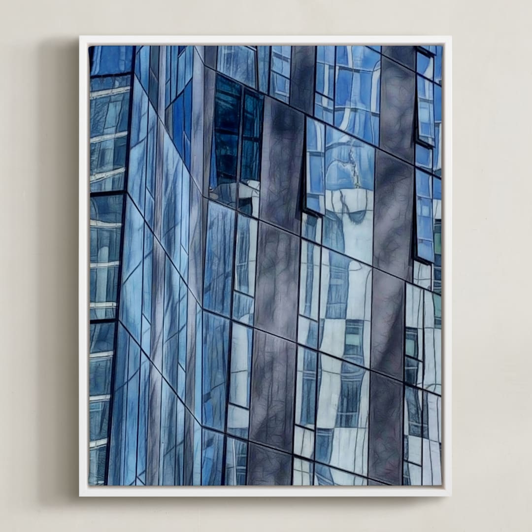 "Building Reflections Right" - Art Print in Sky Blue by A MAZ Design - Framed Canvas