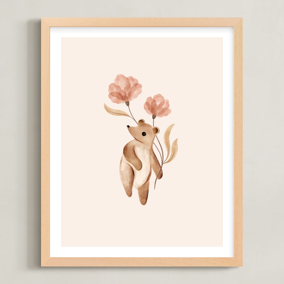 "Bear with Flowers" - Art Print in Tan by Vivian Yiwing - Framed