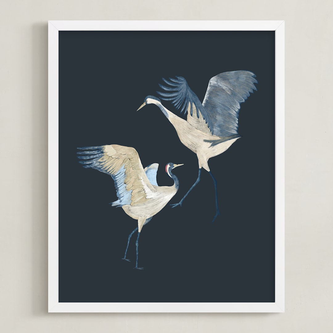 "Crane dance" - Art Print in Moody blue by Nina Leth - Framed