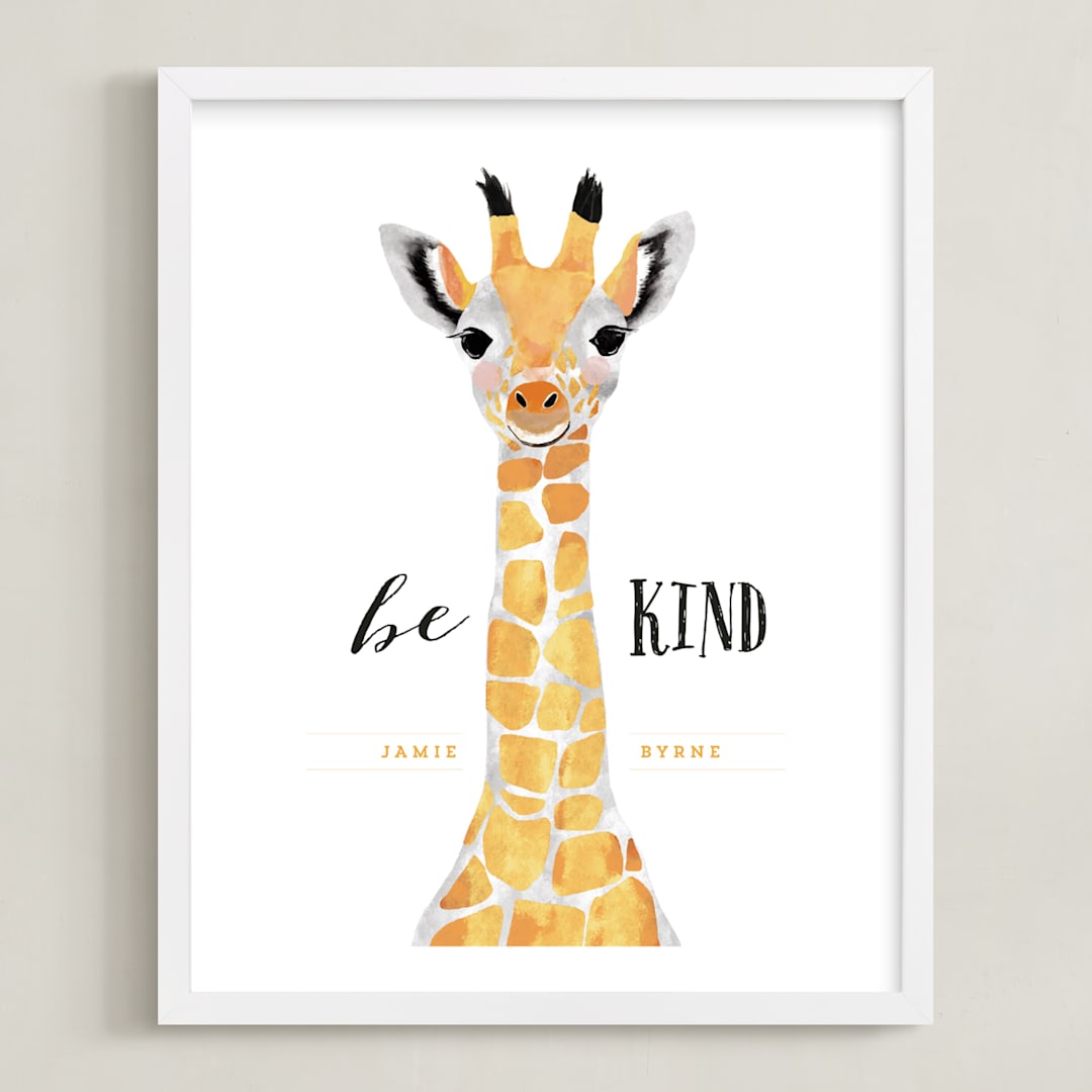 "baby animal.giraffe" - Personalized Art Print in tangerine by Cass Loh - Framed