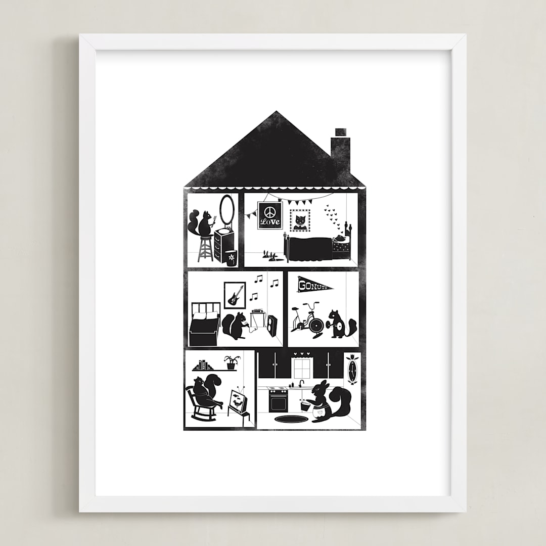 "Squirrel House" - Art Print in Charcoal by Krista Messer - Framed
