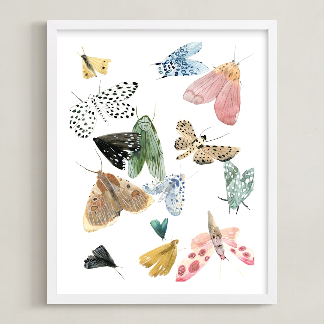 "Moths" - Art Print in Moss Green by Emilie Simpson - Framed