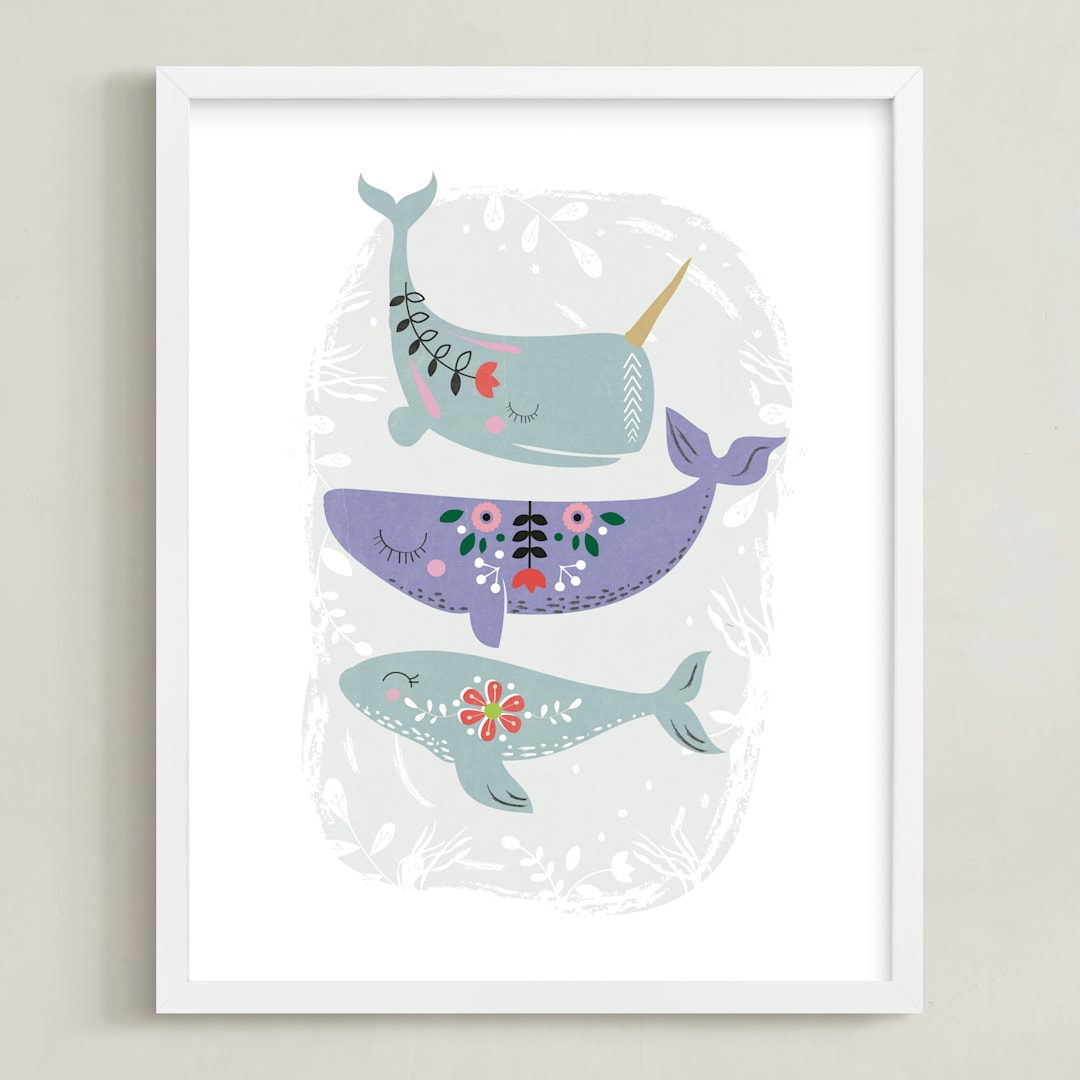 "Folk Whales" - Art Print in Mint by Hannah Williams - Framed