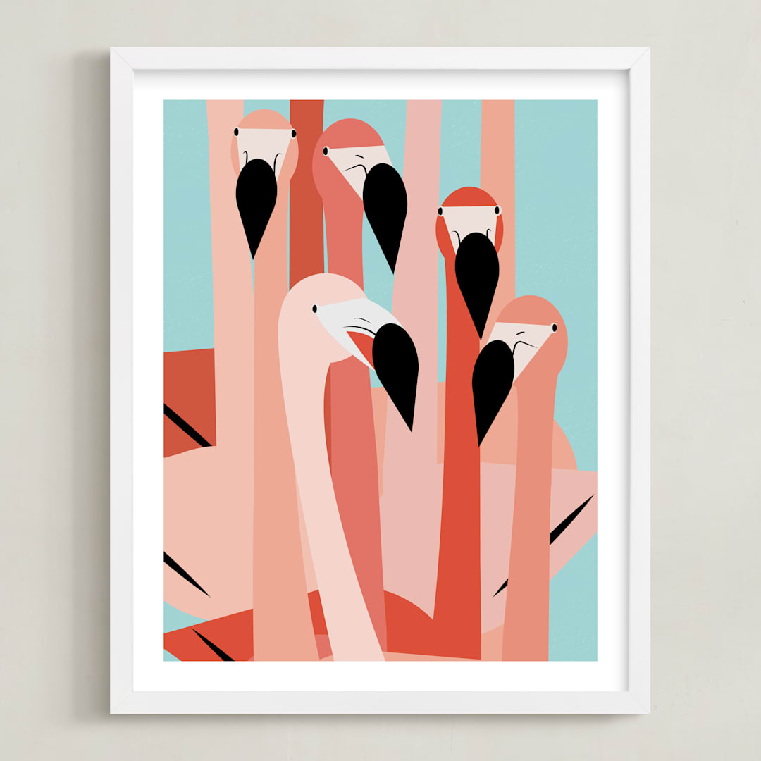 "The Flamingos Are Staring" - Art Print in Coral Pink by Marie Hermansson - Framed