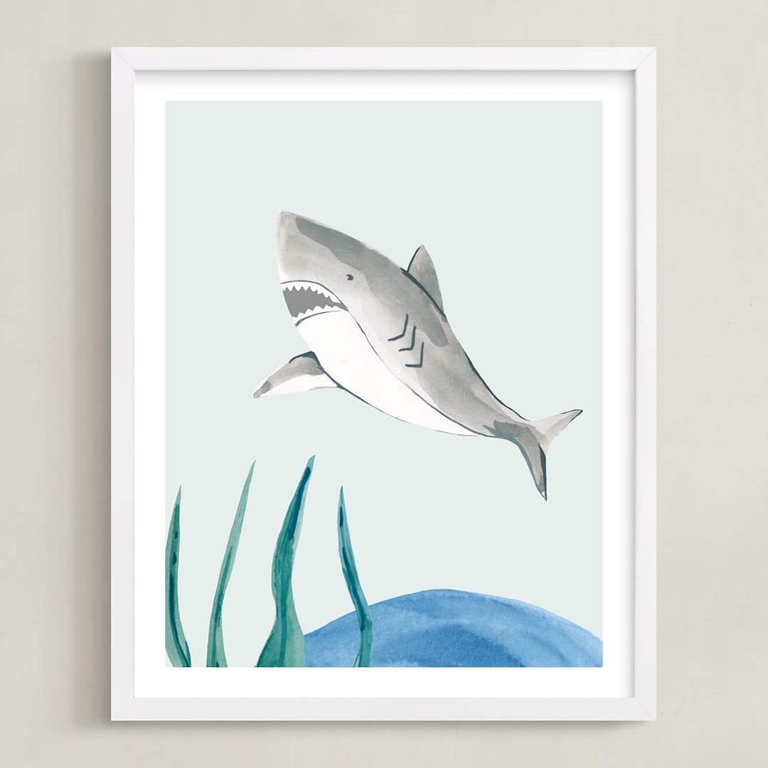 "Ocean Friends II" - Art Print in Shark by Teju Reval - Framed