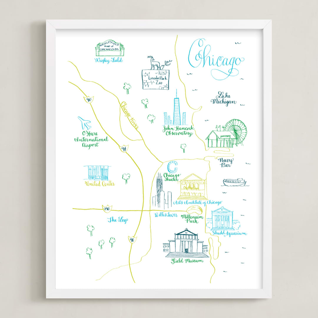 "Chicago Calligraphy Map" - Art Print in Dark Green by Megan Kelso - Framed