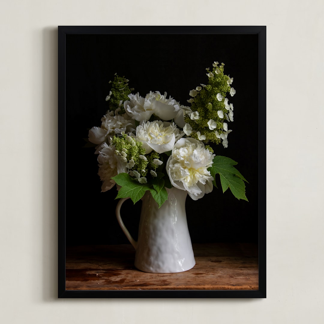 "Pitcher of Peonies" - Art Print in Green and White by Elizabeth Pyle - Framed