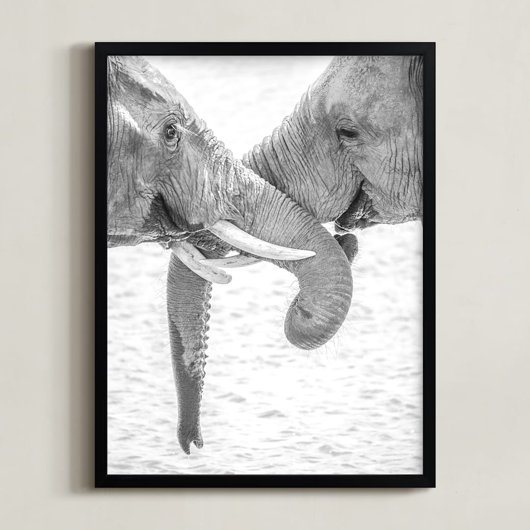 "Elephant Love" - Art Print in Black and White by Jennifer Mckinnon Richman - Framed