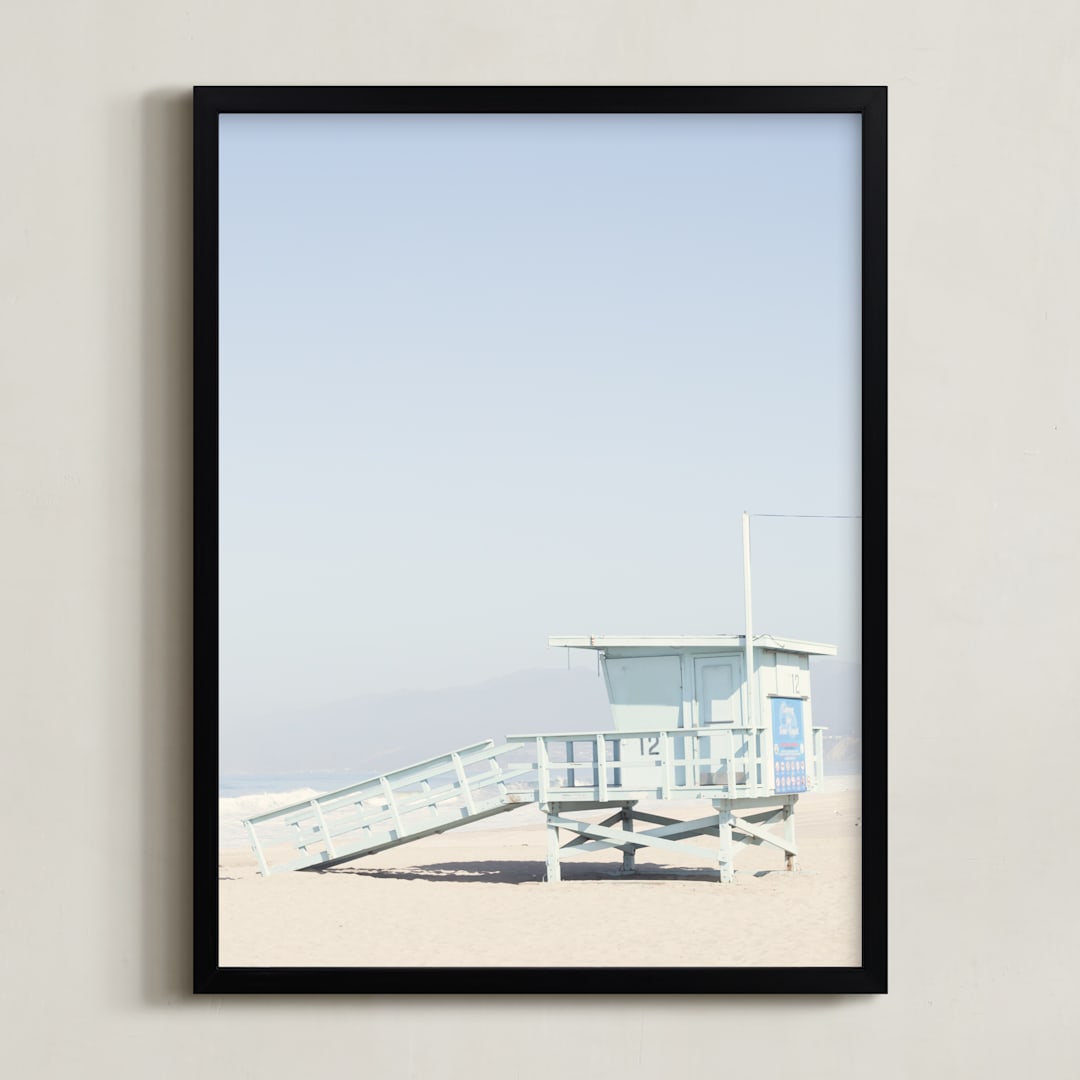 "The Pastel Blue Lifeguard House" - Art Print in Pastel blue by Caroline Mint - Framed