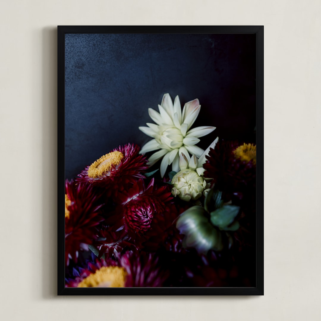 "Dark Fall Flowers" - Art Print in dark denim by Katie Buckman - Framed