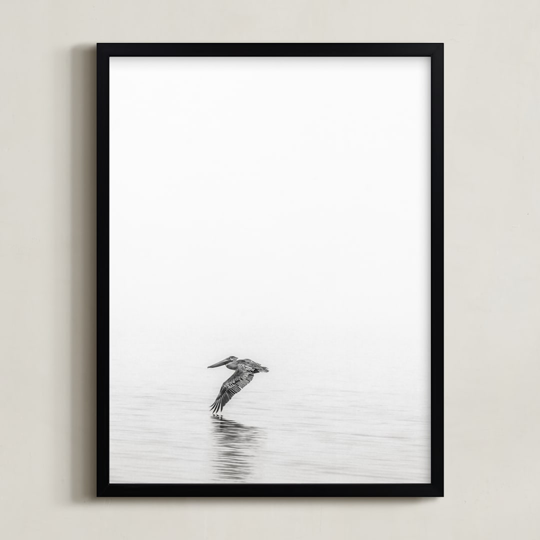 "Pelican on Lake" - Art Print in Medium Grey by Mary Ann Glynn-Tusa - Framed