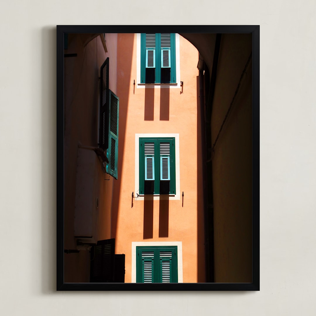 "Shutters" - Art Print in Orange & Green by Paul Berthelot - Framed