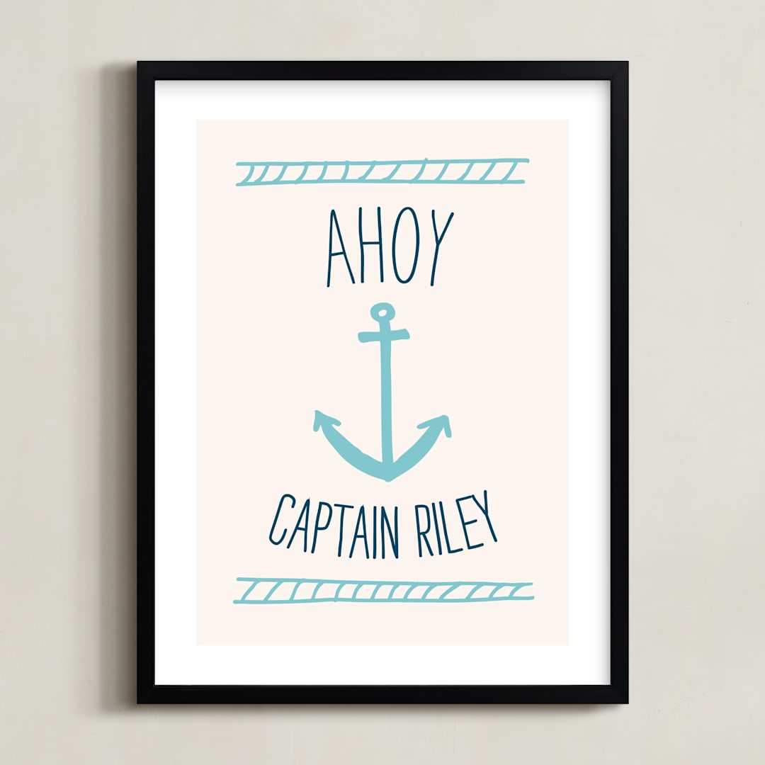 "Ahoy Matey" - Personalized Art Print in Light Aqua by Shari Margolin - Framed
