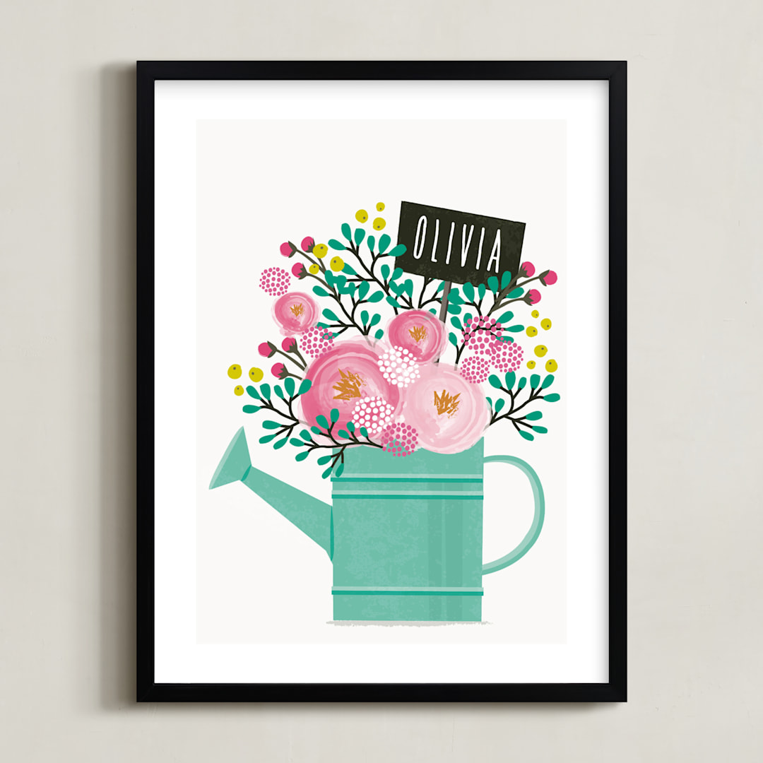 "Little Gardener" - Personalized Art Print in Aqua by Karidy Walker - Framed