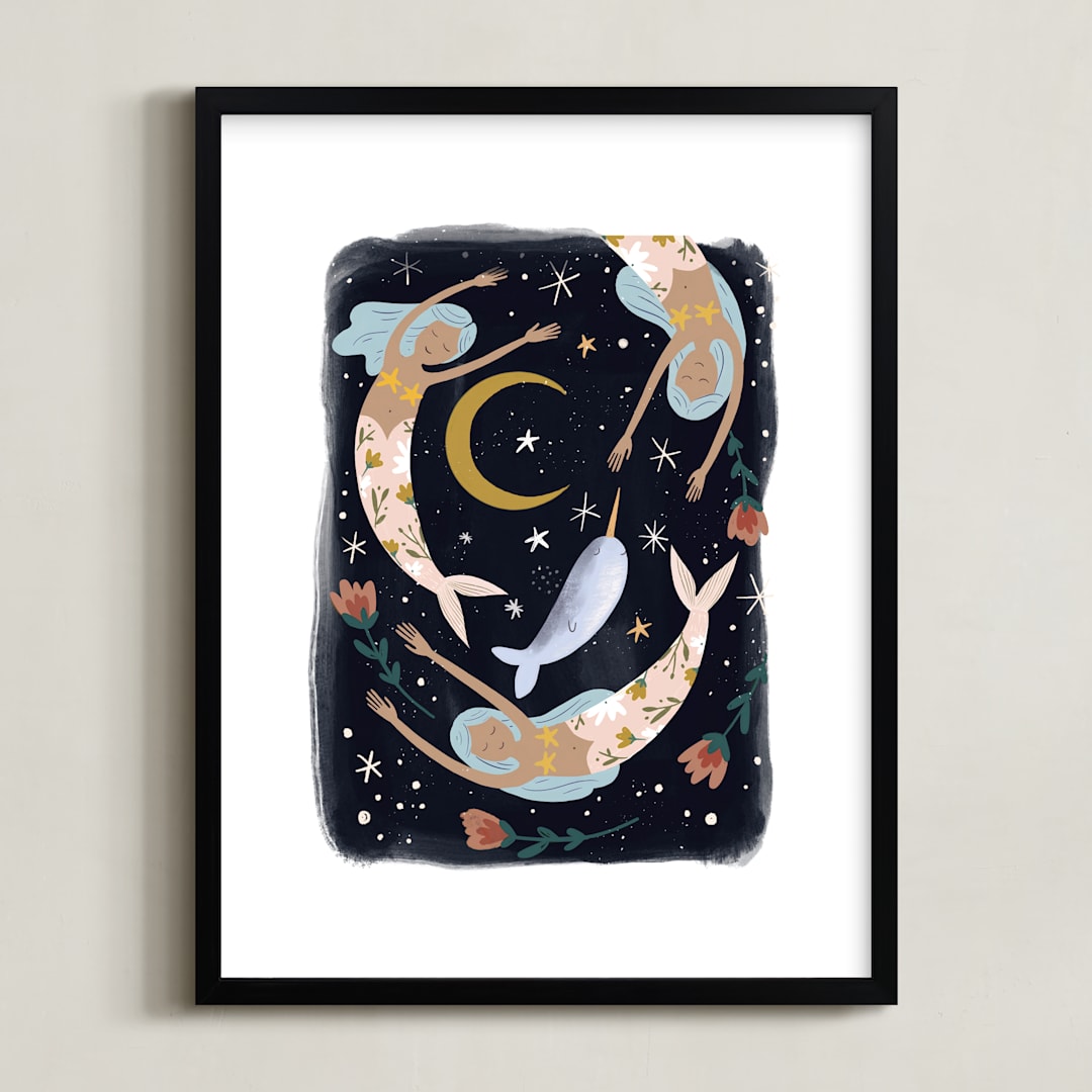 "Midnight Mermaids" - Art Print in Midnight by Hannah Williams - Framed