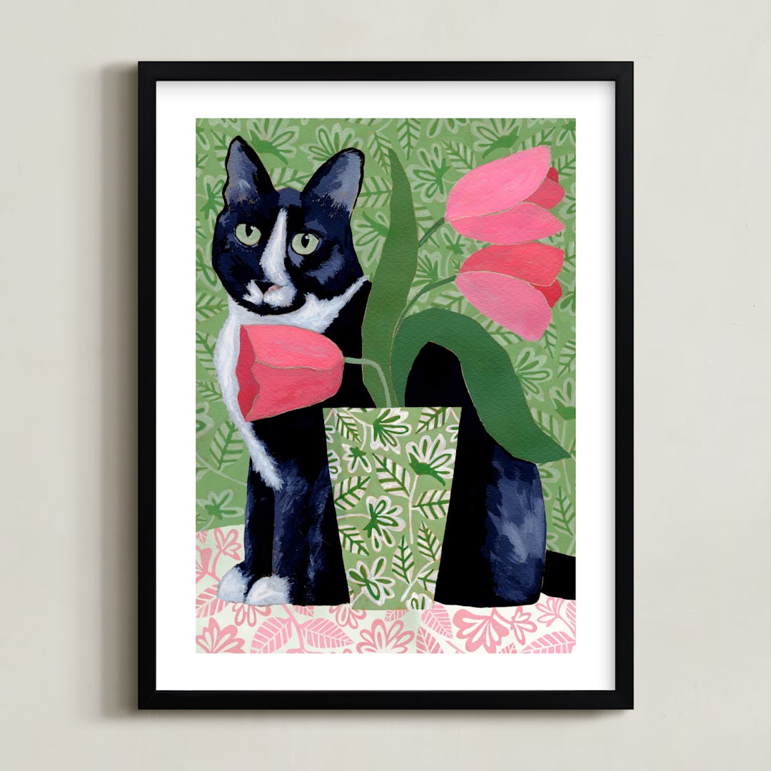 "Tuxedo Cat Barry with Pink Tulips" - Art Print in Dusty Green by Susan Black - Framed