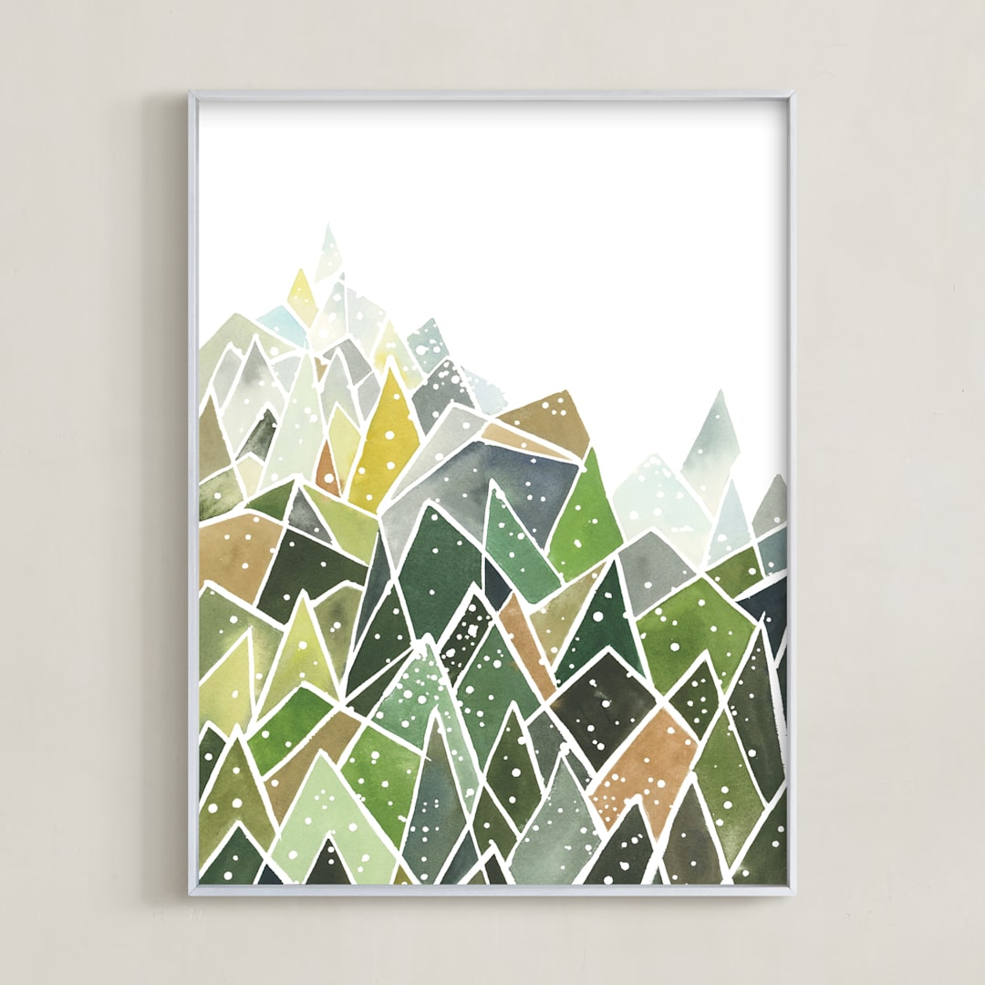 "Landscape of Triangles and Dots" - Art Print in Forest Green by Yao Cheng Design - Framed