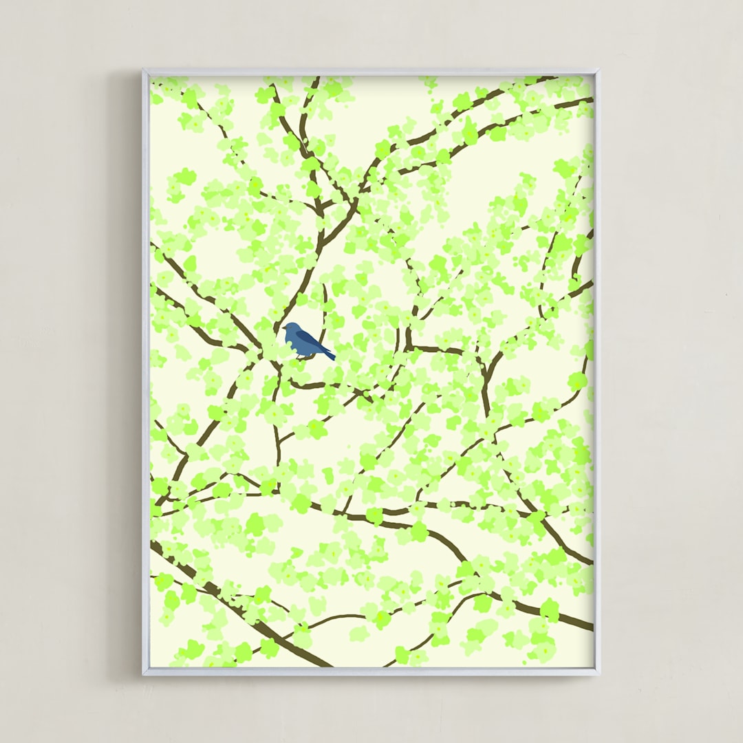 "Plum tree with Birds in Spring" - Art Print in Green Blossoms by Jorey Hurley - Framed