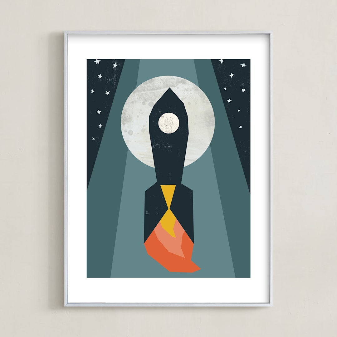 "Rocket to the Moon" - Art Print in Midnight Blue by Morgan Kendall - Framed