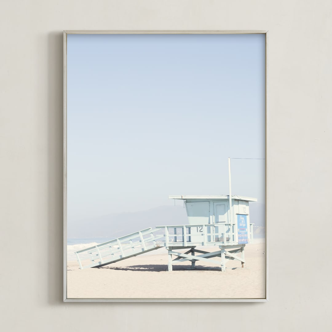"The Pastel Blue Lifeguard House" - Art Print in Pastel blue by Caroline Mint - Framed