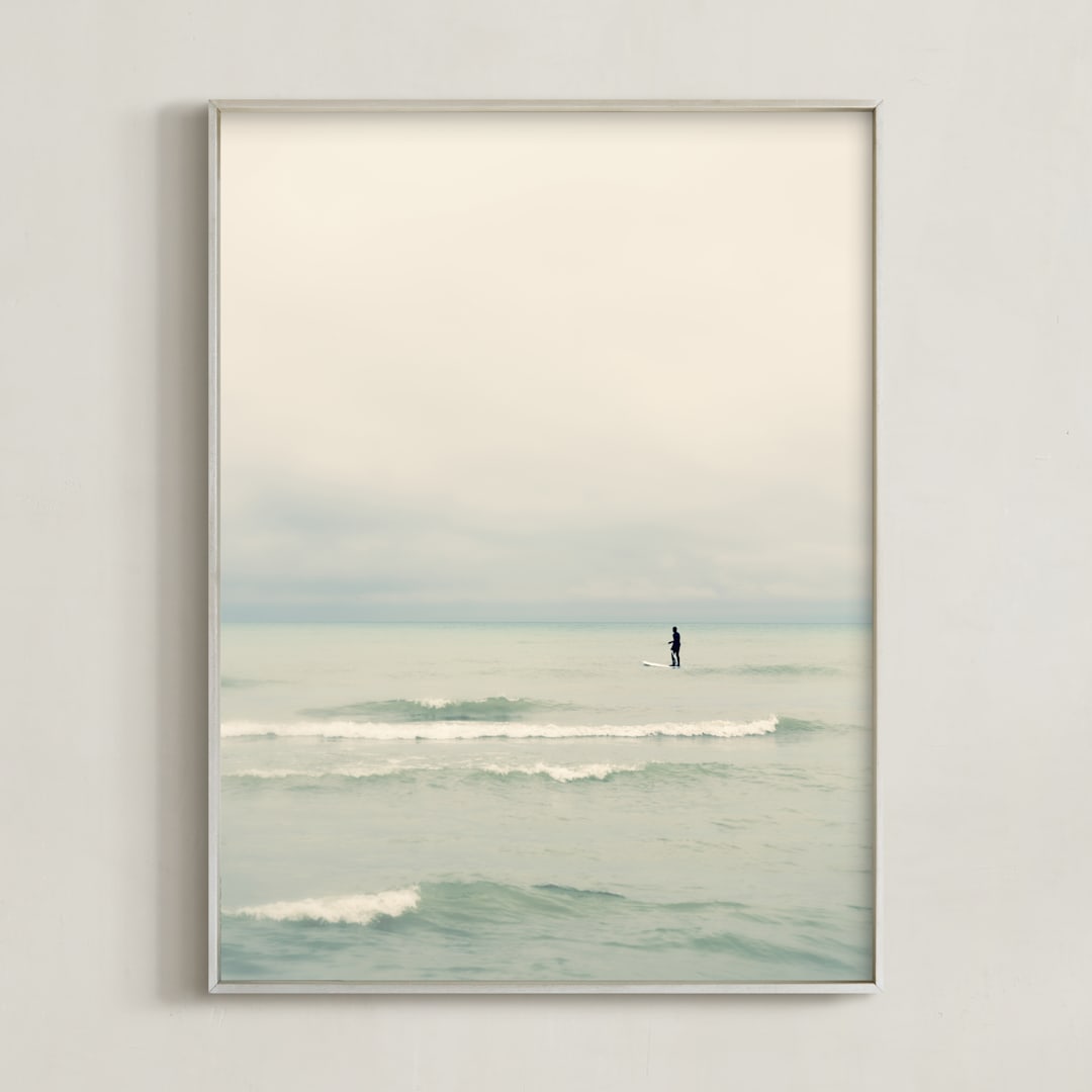 "Paddleboard Solitude" - Art Print in Warm mist by Jacquelyn Sloane Siklos - Framed