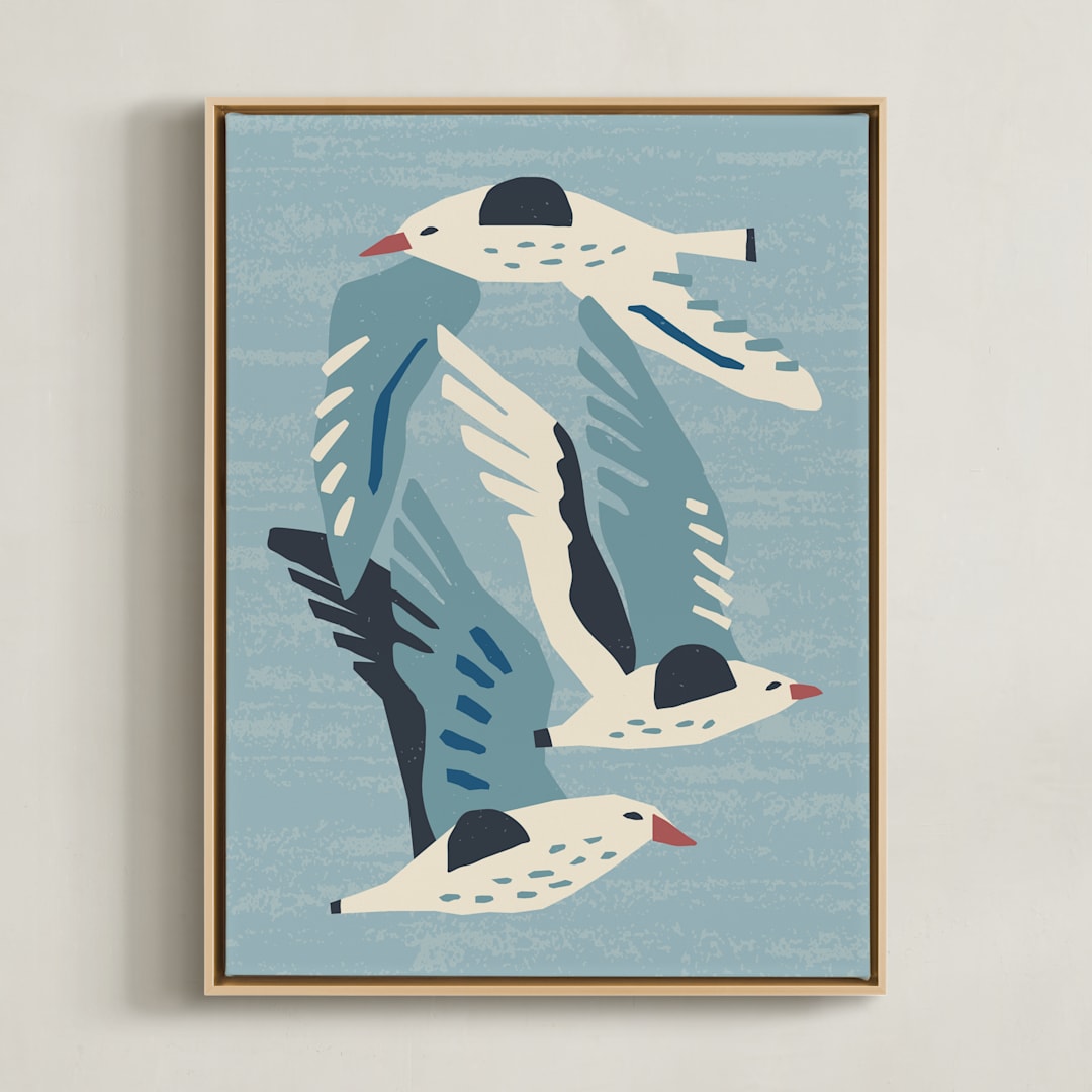 "Seagulls" - Art Print in Neutral Blue Green by Roochita Chachra - Framed Canvas