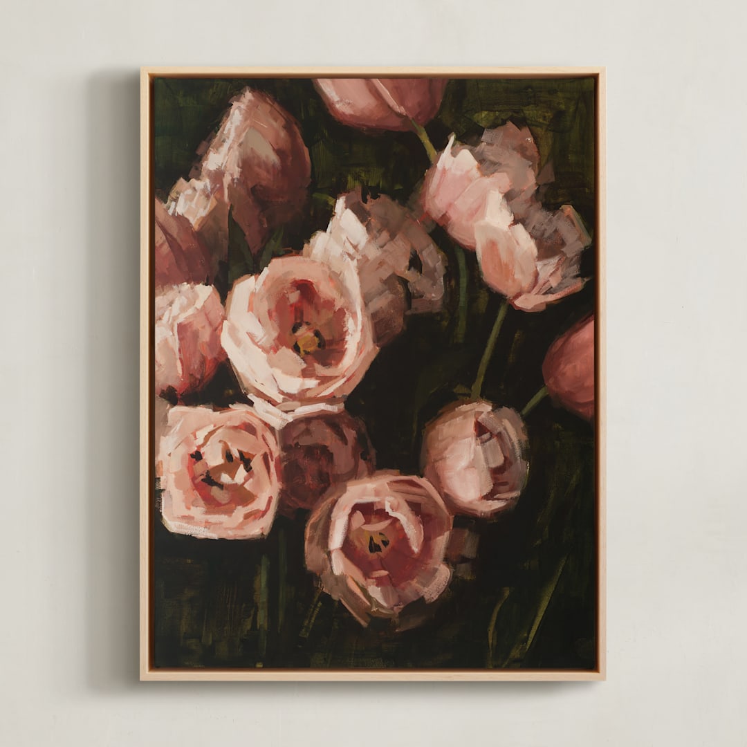 "Tiptoe Through the Tulips" - Art Print in Raspberry Tulip by Rachel Nelson - Framed Canvas