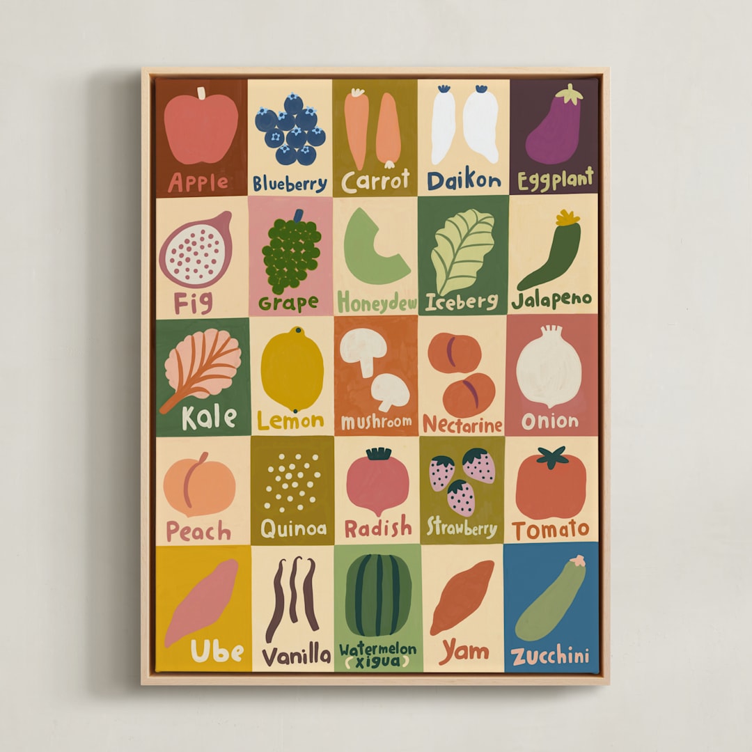 "Edible ABCs" - Art Print in Colorful by Sierra Lee - Framed Canvas