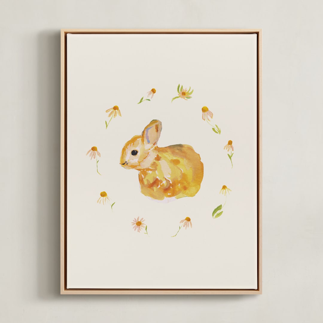 "Garden Bunnies 3" - Art Print in Velvet Beige by Hannah Beimborn - Framed Canvas