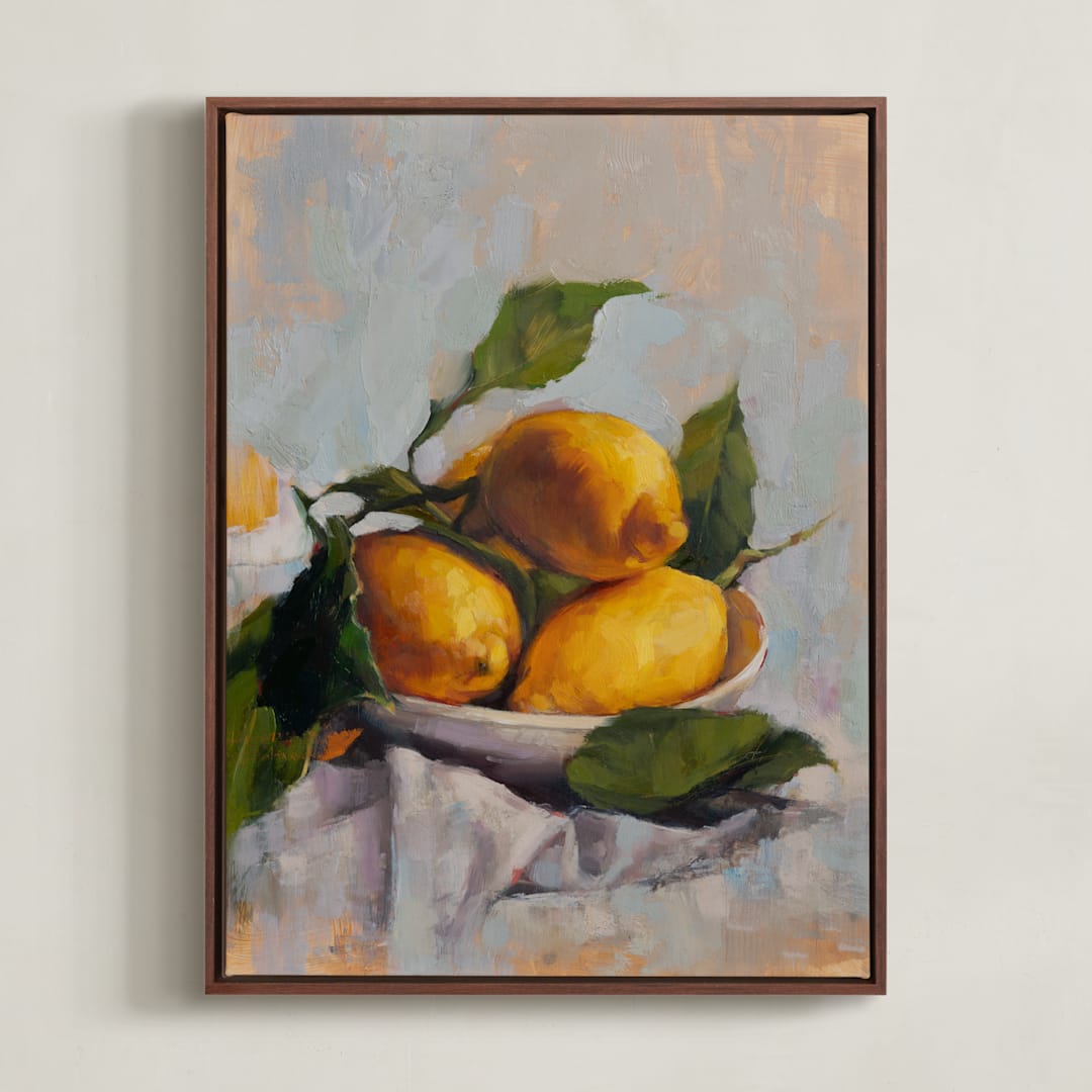 "Bowl of Lemons" - Art Print in Golden by Wendy Keller - Framed Canvas