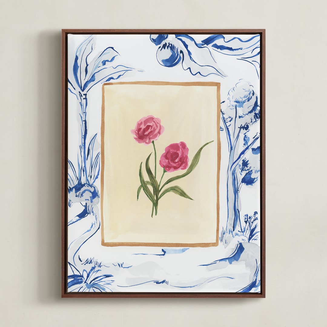 "Toile Blooms 1" - Art Print in Vanilla by Teju Reval - Framed Canvas