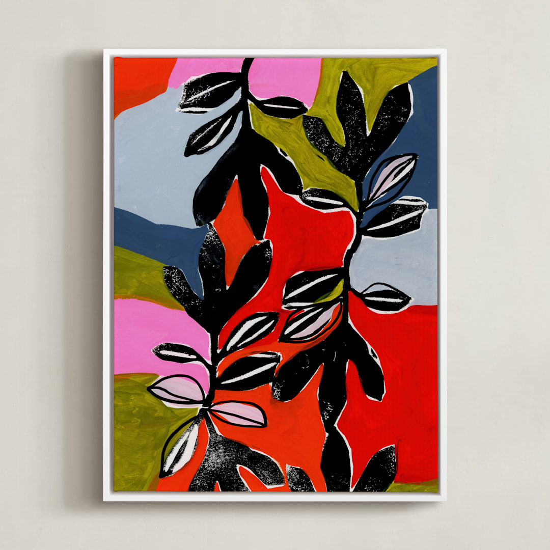 "Stained Glass and Ivy" - Art Print in Orange Fuchsia by Deborah Velasquez - Framed Canvas