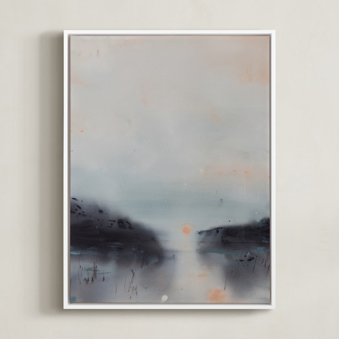 "Canal at Sunrise" - Art Print in Sea Mist by Christa - Framed Canvas
