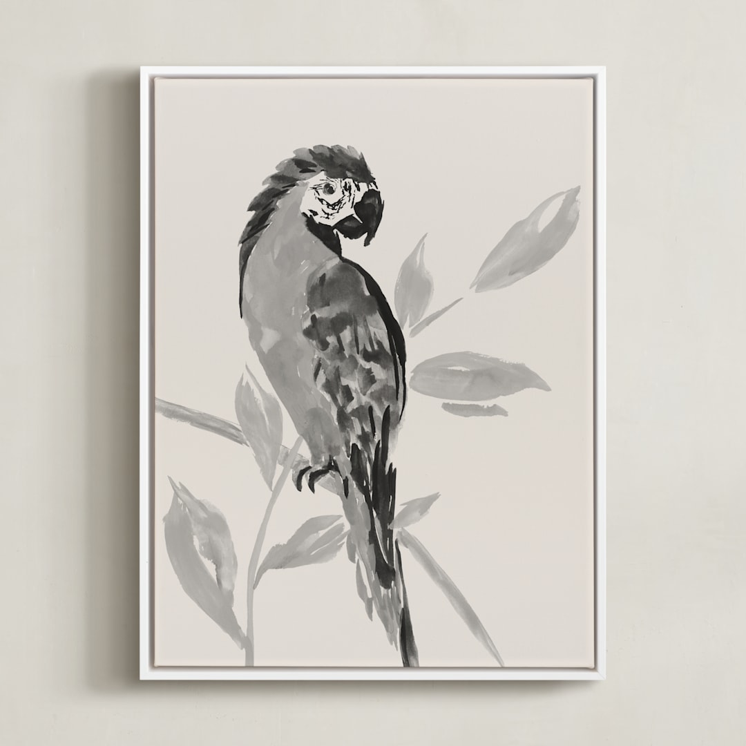 "Tropical Birds I" - Art Print in Sand by Teju Reval - Framed Canvas