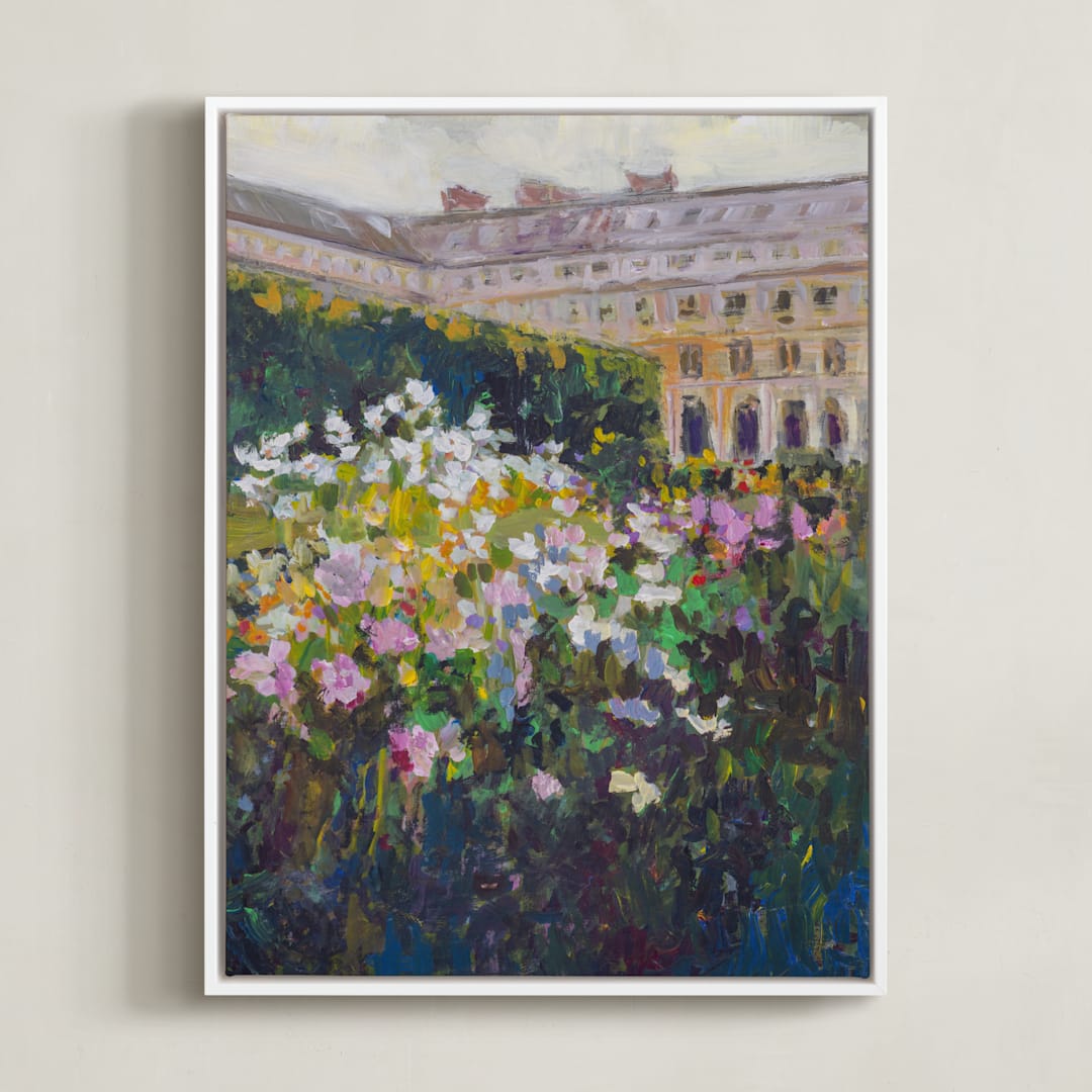 "in the garden of the Palais Royale" - Art Print in Garden Green by Jacquelyn Sloane Siklos - Framed Canvas