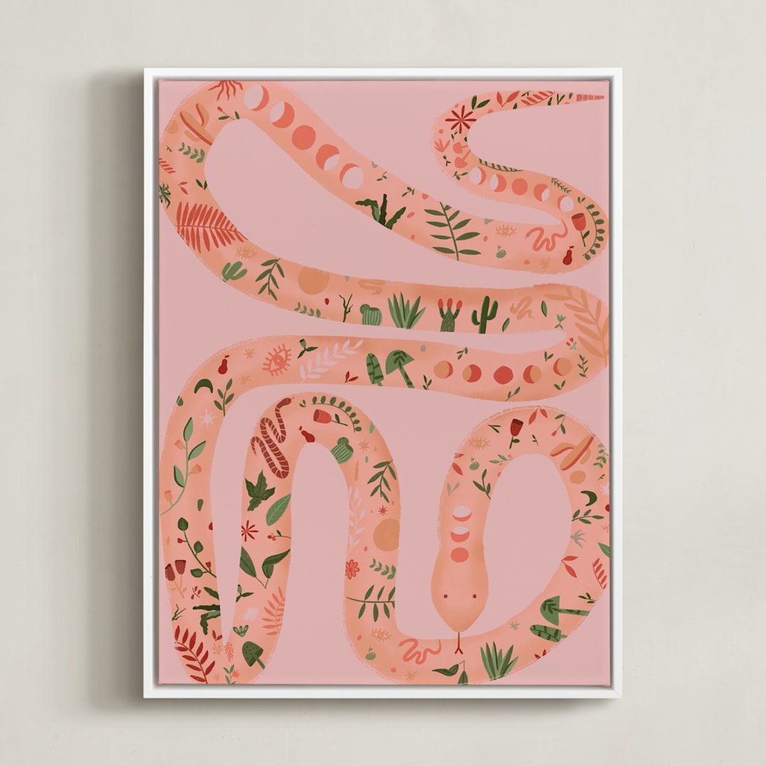 "Folk Floral Snake" - Art Print in Coral by Juliana Moreira-Callahan - Framed Canvas