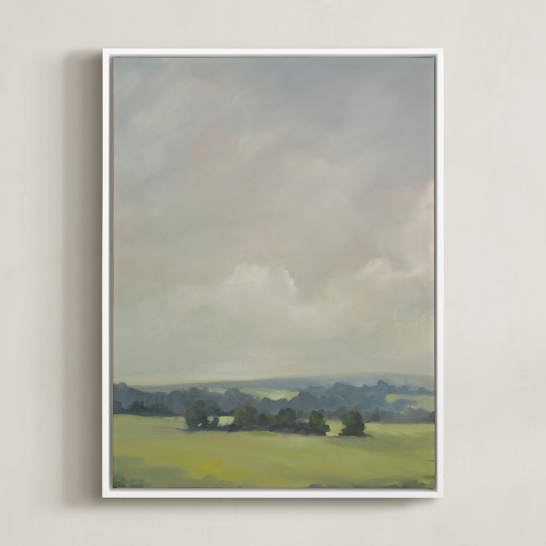 "Rosy Tomorrow I" - Art Print in Grey Blue by Stephanie Goos Johnson - Framed Canvas