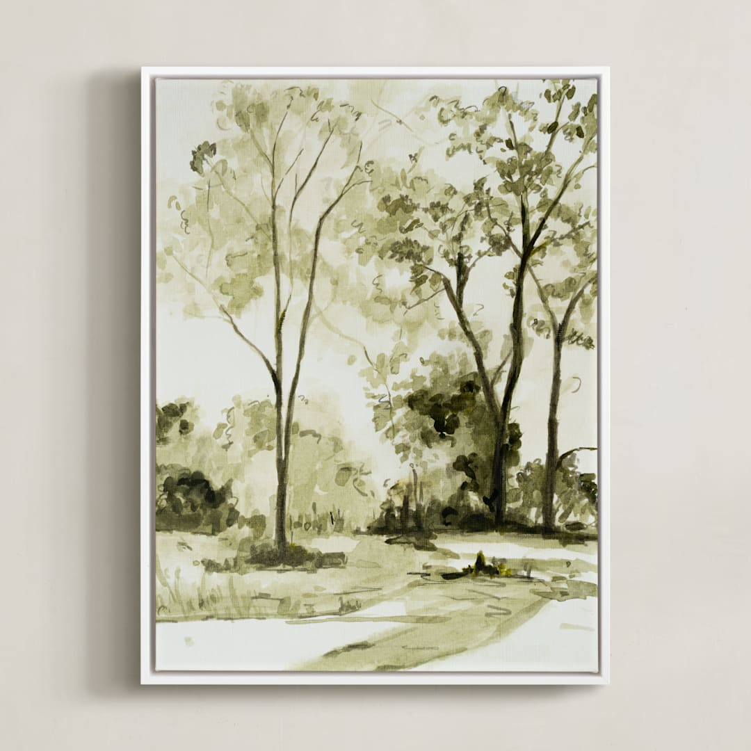 "Sun Kissed Meadow 1" - Art Print in Olive Green by Arohika Verma - Framed Canvas
