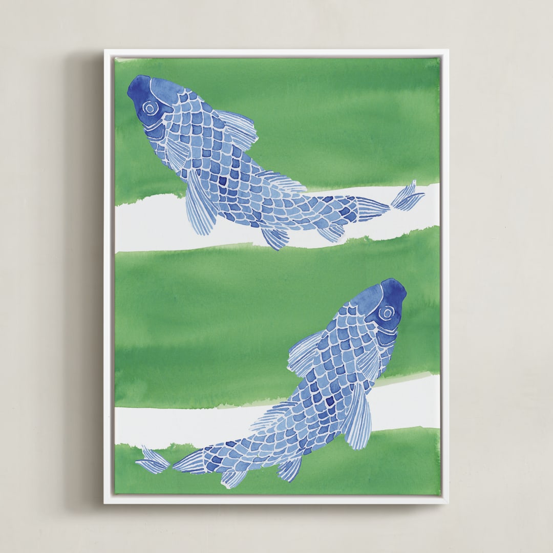 "Swimming Carp" - Art Print in Green Grass  by Emily Bremner Forbes - Framed Canvas