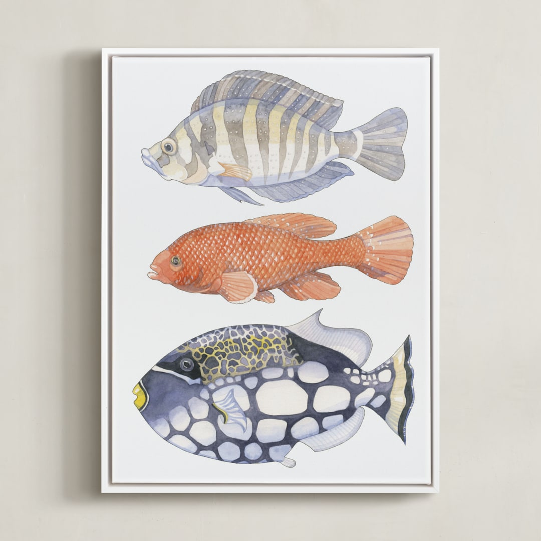 "Three Fish" - Art Print in tangerine by Natalie Groves - Framed Canvas