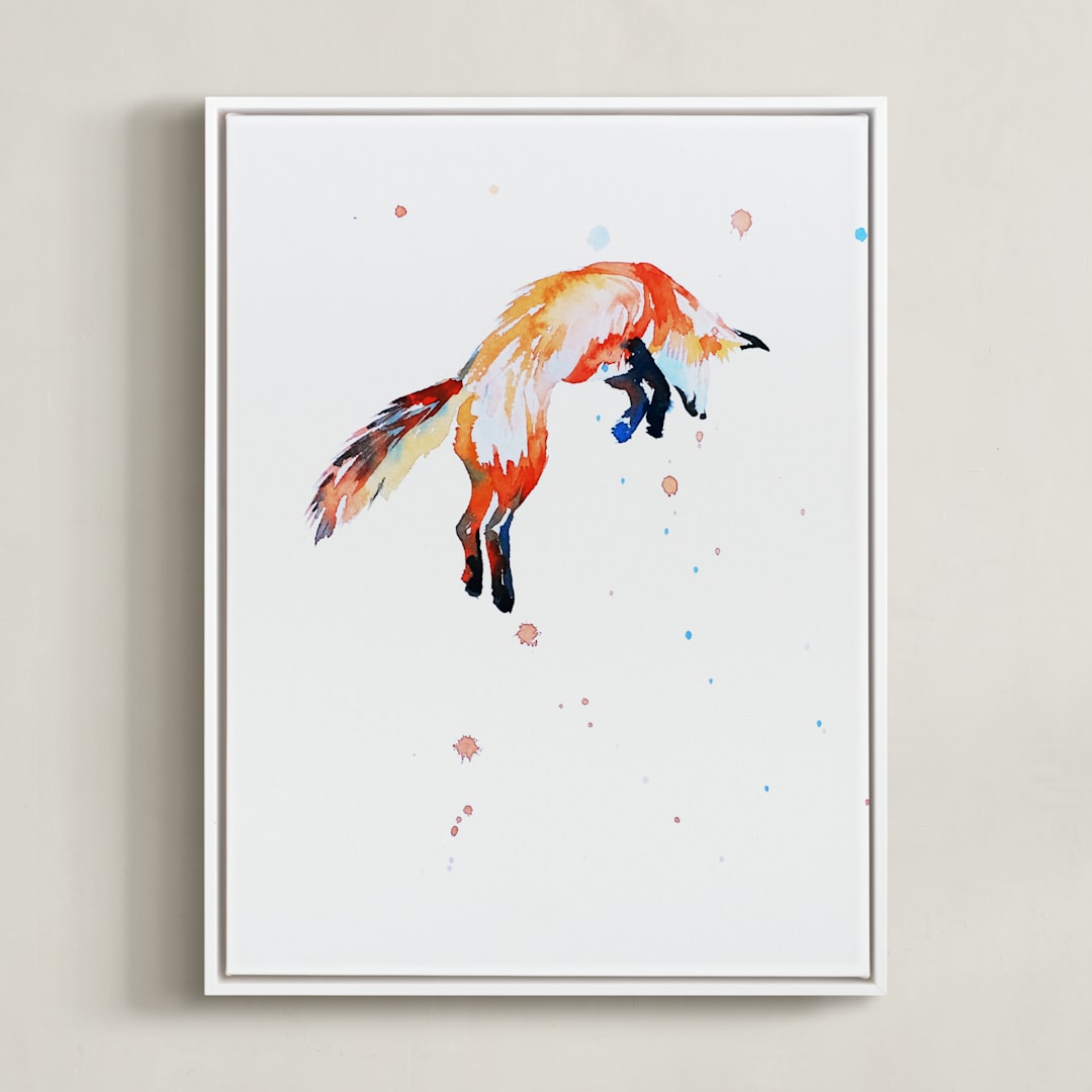 "Fox Jump" - Art Print in white by Isobel James - Framed Canvas