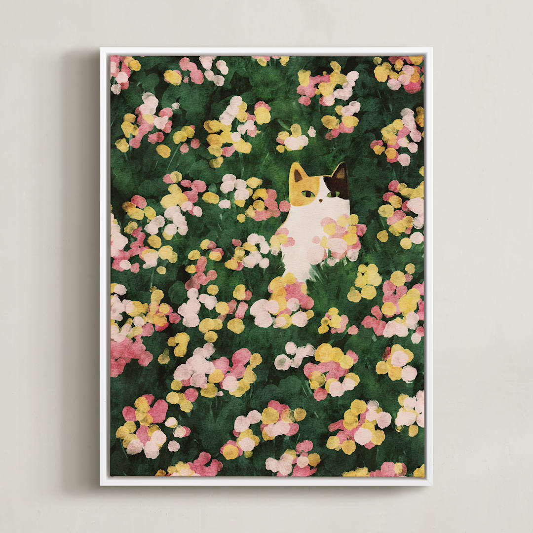 "Flower Meadow Cat" - Art Print in Daffodil Yellow by Sabrina Excene - Framed Canvas