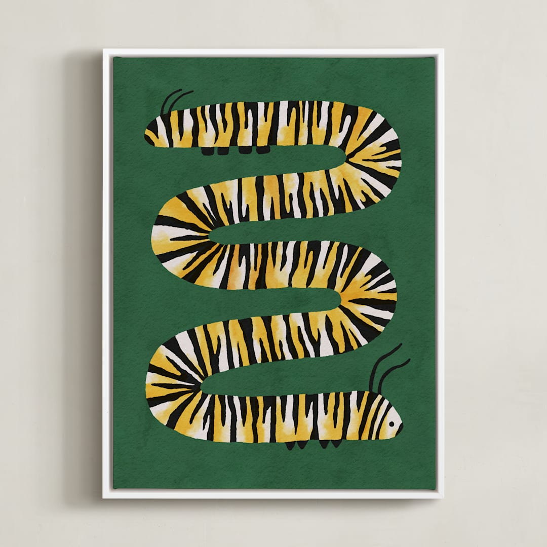 "Squiggly Caterpillar" - Art Print in Forest Green by Sabrina Excene - Framed Canvas