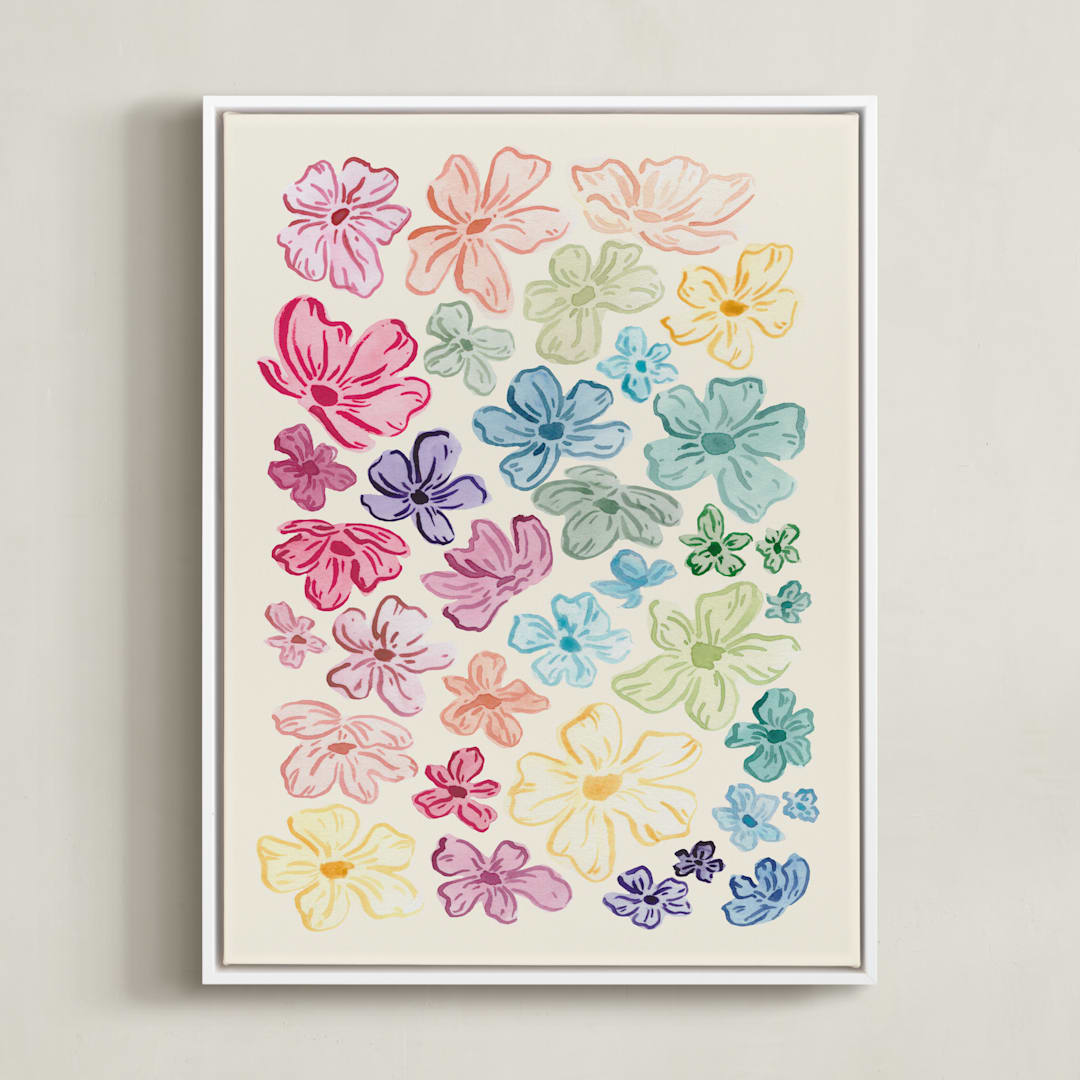 "A Rainbow of Flowers" - Art Print in Pale Sunshine by The Scribblist - Framed Canvas
