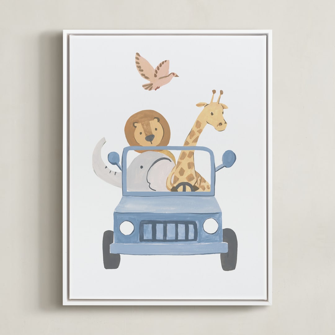 "Safari Friends 4" - Art Print in Blue by Teju Reval - Framed Canvas