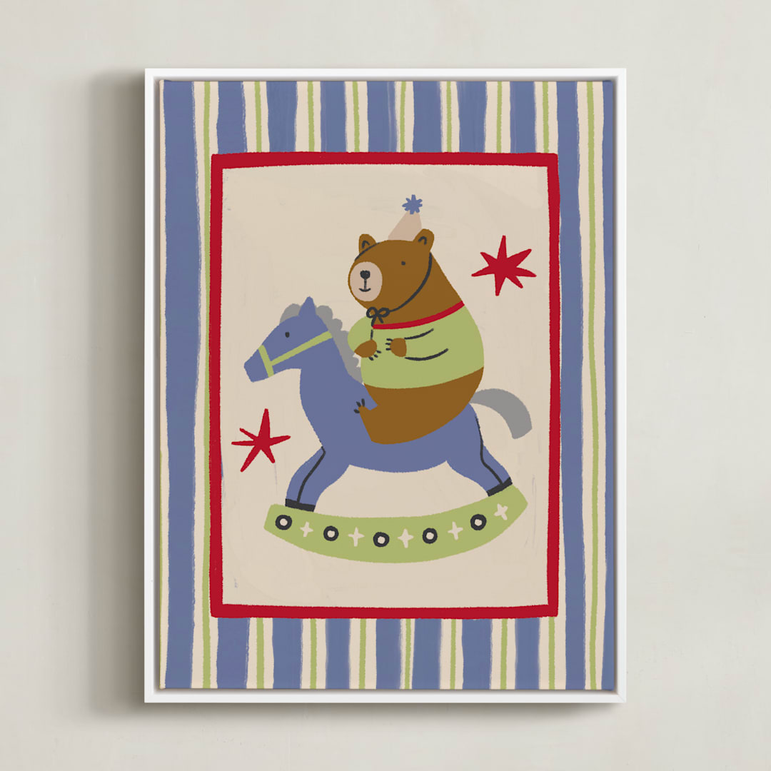 "The Bear That Riding The Rocking Horse" - Art Print in Dusty by Kartika Paramita - Framed Canvas