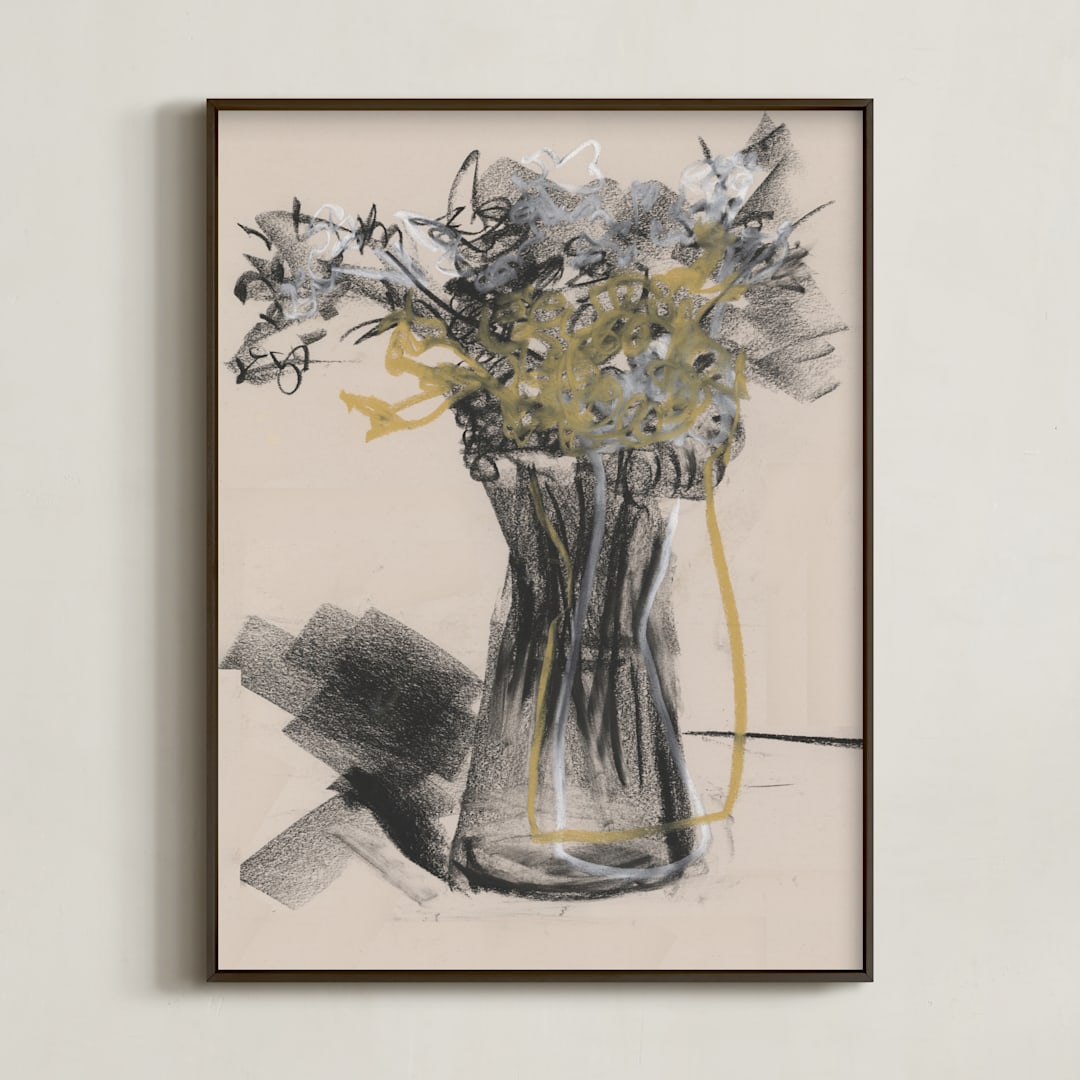 "Vase of flower gestural drawing exercise" - Art Print in exercise on gentle yellow by Bethania Lima - Framed