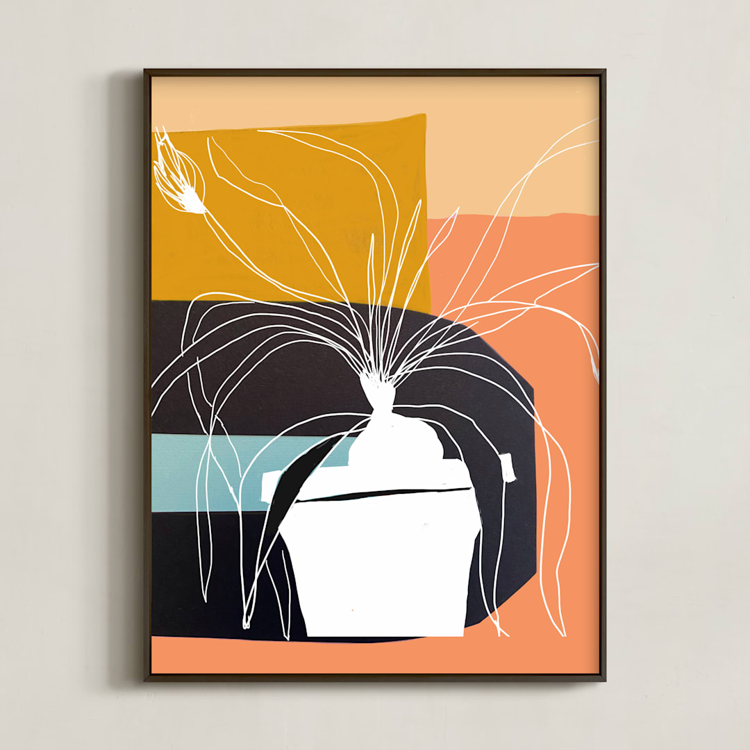 "Plant Life in White Ink" - Art Print in Peach cobbler by Deborah Velasquez - Framed