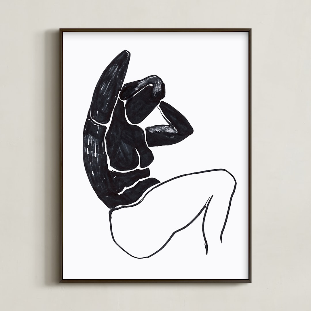 "Sitting nude" - Art Print in Black on white by Oana Prints - Framed