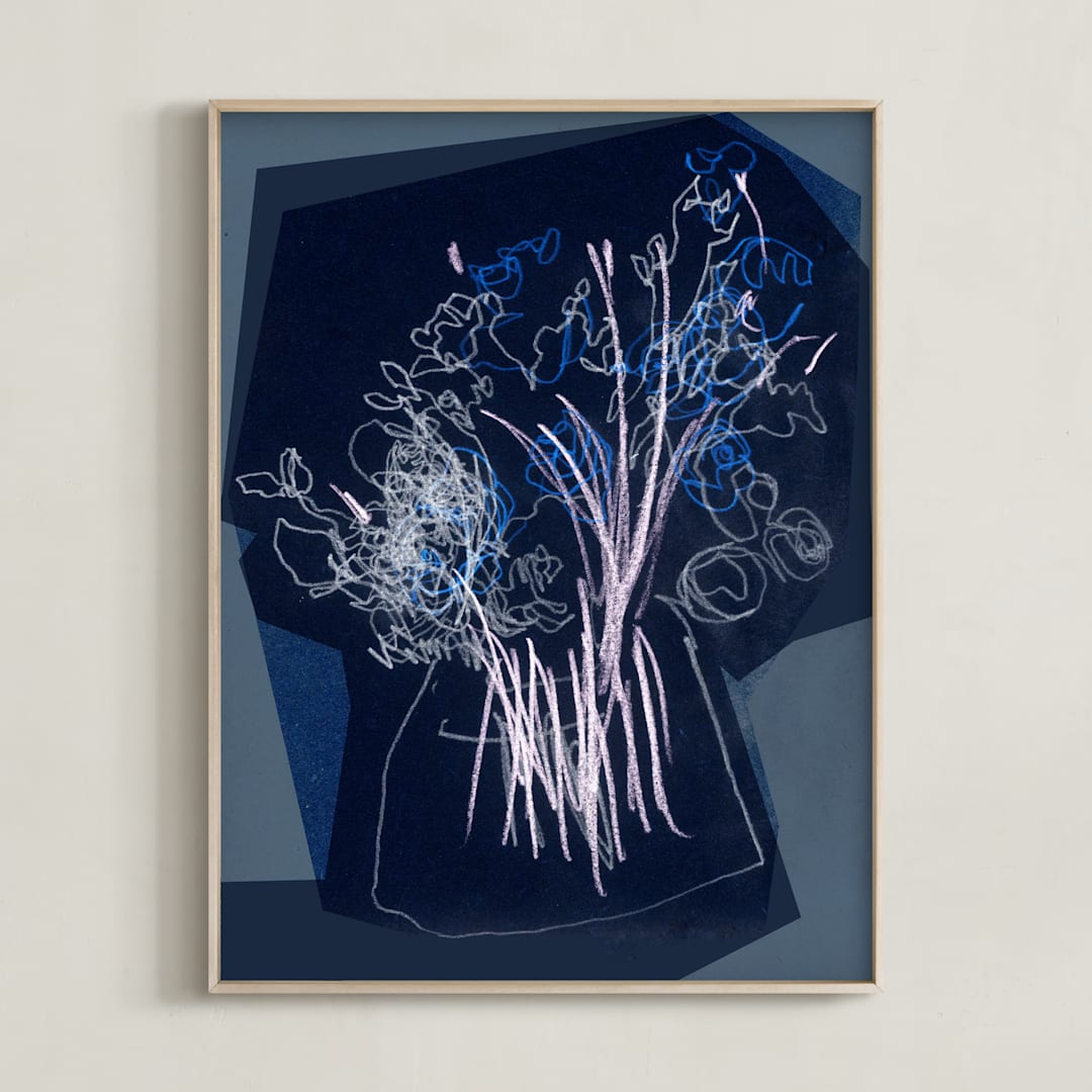 "An attempt on gestural drawing" - Art Print in dark blue flowers by Bethania Lima - Framed